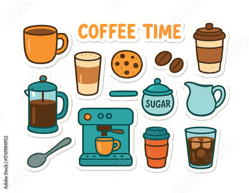 Coffee time: cups, beans, espresso machine, sugar, french press, milk jug, cookie