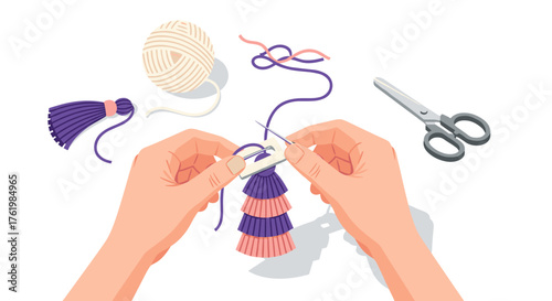 Crafting with tassels and yarn: colorful diy project with scissors and twine