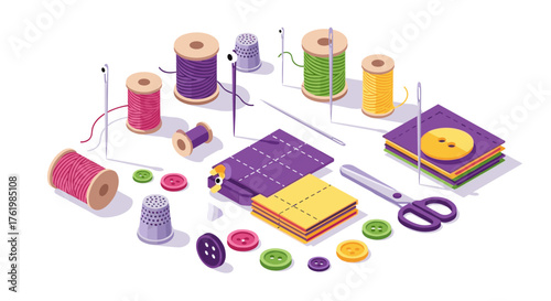 Sewing tools and supplies in vibrant isometric arrangement