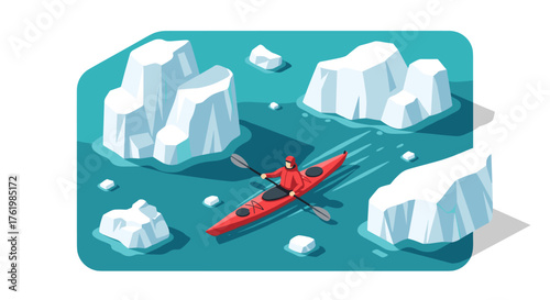 Adventurer navigates red kayak through arctic waters surrounded by icebergs in isometric art