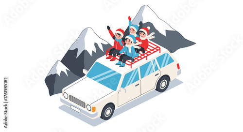 Family winter adventure on a car trip with snow mountains in background