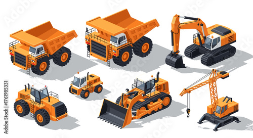 Isometric construction vehicles collection with bulldozer, excavator, and crane