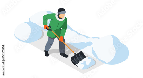 Isometric winter scene with person clearing snow in warm clothing