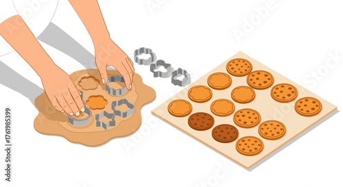 Baking cookies: hands using cutters to shape perfect treats