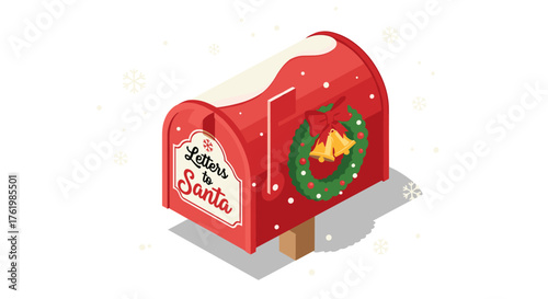Festive red santa mailbox with wreath and snowflakes for christmas letters
