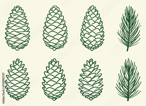 Set of Green Outline Pine Cones and Needles on a Pale Background