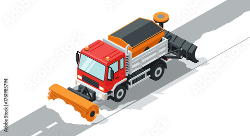 Isometric snow plow truck on road with snow-clearing equipment