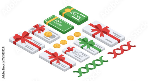 Colorful isometric gift vouchers and coins with ribbons