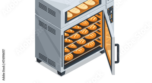 Isometric bakery oven with freshly baked bread in modern kitchen setting