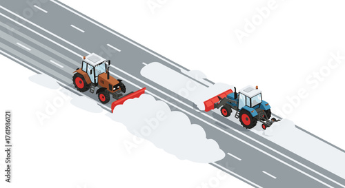 Isometric snow plow tractors clearing winter road in action