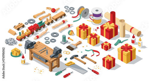 Isometric christmas workshop scene with gifts and tools for toy making