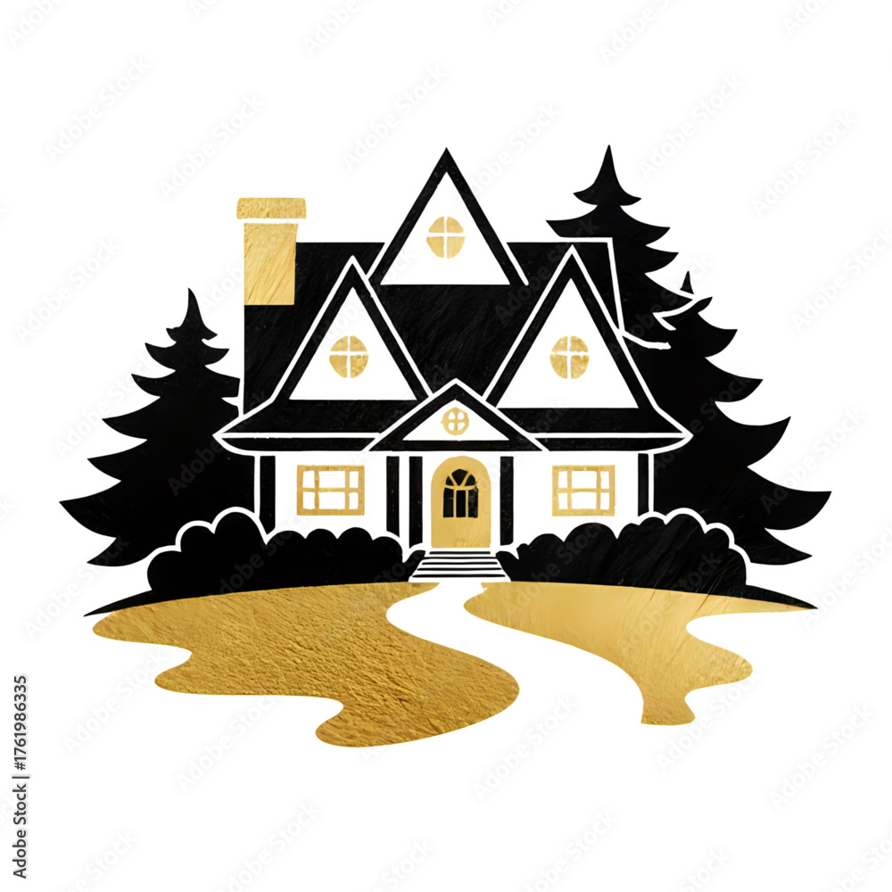 Fototapeta premium Charming black and gold house illustration with floral accents