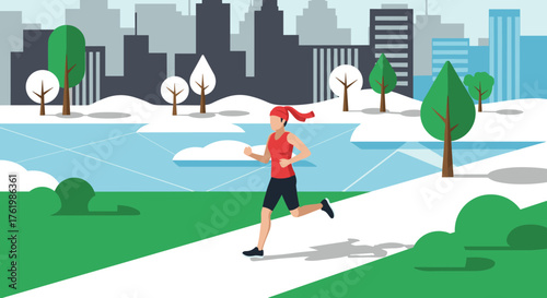 Woman jogging in winter park with urban skyline background