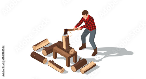 Lumberjack in plaid shirt chopping firewood with axe in isometric style
