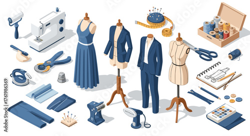 Sewing and fashion design set with tailoring tools and mannequins in isometric style