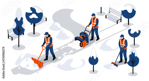 Isometric winter maintenance: workers clearing snow in urban park scene