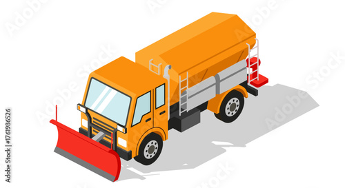Orange snow plow truck in isometric design on white background