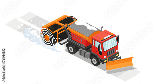 Isometric snowplow truck cleaning road with spinning broom in winter season