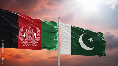 Afghanistan and Pakistan flags waving together symbolizing diplomacy international relations and cooperation between the two countries