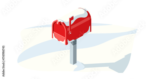 Snow-covered red mailbox in winter scene
