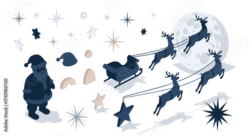Santa claus silhouette with reindeer and sleigh under moonlight