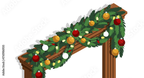 Festive holiday garland with baubles on wooden beam