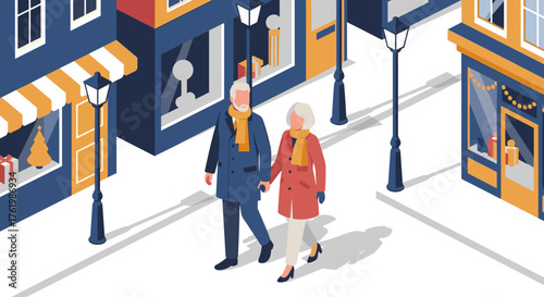 Elderly couple strolling on a winter street in isometric style