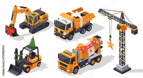 Festive construction vehicles with christmas decorations in isometric style