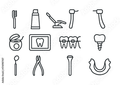Dental care tools collection: toothbrush, toothpaste, floss, dental chair, implants, orthodontics icon set