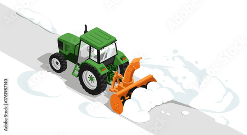 Isometric green tractor with snowplow clearing road in winter scene