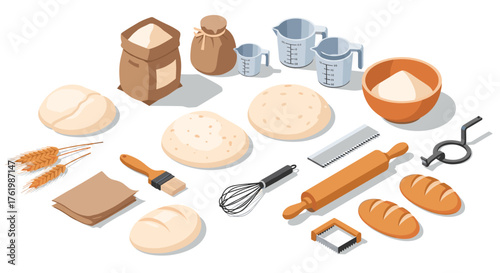 Isometric baking elements with dough, tools, and ingredients for culinary creations