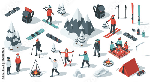 Isometric winter activities scene with skiing and camping elements