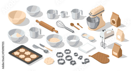 Isometric baking set with tools and ingredients for kitchen baking essentials