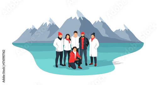 Group of people in winter clothing with mountain scenery in flat design