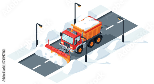 Isometric snow plow truck clearing snowy road with streetlights