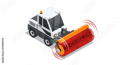Isometric street sweeper vehicle with rotating brush animation