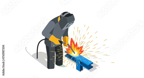 Isometric welder working with sparks in industrial setting