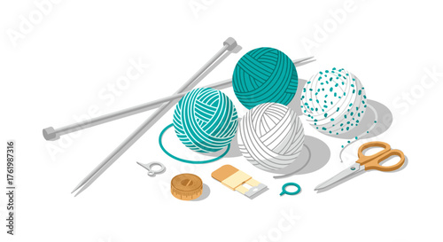 Isometric knitting tools and yarn in cozy crafting scene