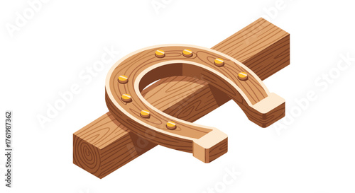 Isometric wooden horseshoe on beam with golden details for good luck