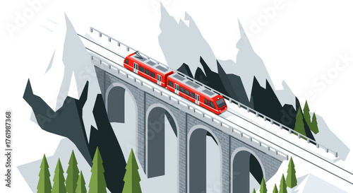 Isometric red train on mountain bridge with snowy peaks and pine trees