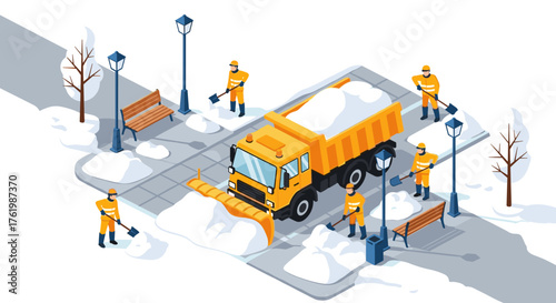Snow removal crew clearing path with snowplow in isometric urban park scene
