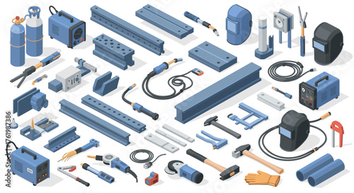 Industrial equipment and welding tools in isometric layout for workshop design