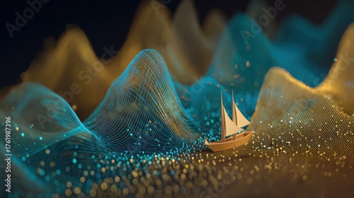 Digital Artwork of a Sailing Ship on Vibrant Waves with Glowing Particles and Flowing Lines in Abstract Style