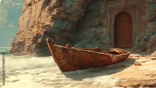 Boat on a sandy beach with a door in a rock wall by a sea with waves