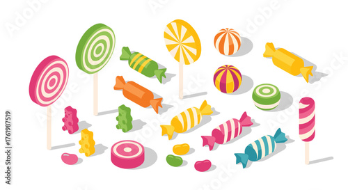 Colorful collection of various isometric candies and lollipops on white background