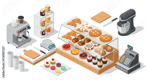 Isometric bakery setup with pastry display and kitchen equipment