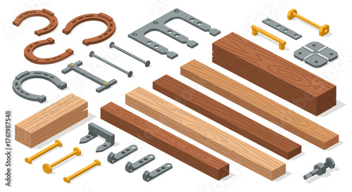 Isometric wooden construction tools and hardware elements for diy and carpentry projects