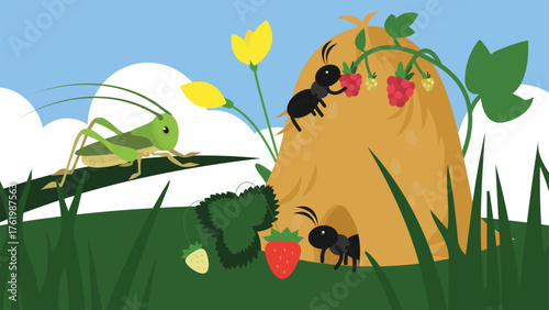 Illustration of a grasshopper and ants eating strawberries and raspberries in a meadow