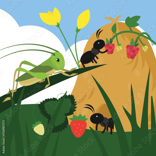 Illustration of a grasshopper and ants eating strawberries and raspberries in a meadow. vector illustration