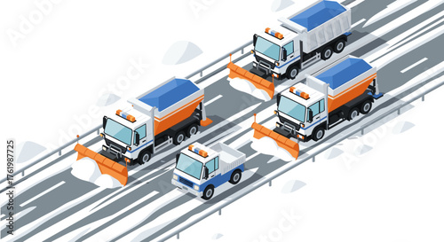Snow plow trucks clearing winter roads in isometric style